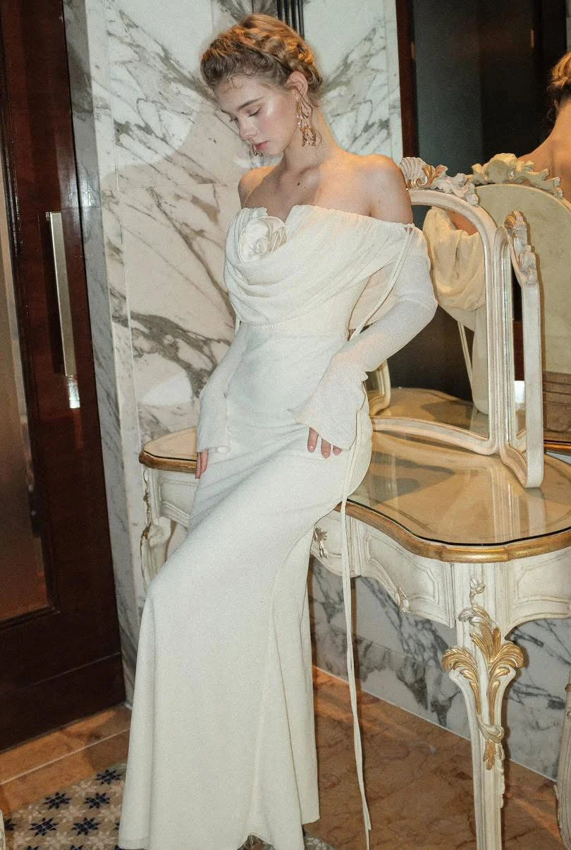 roberta off-shoulder flower embellished pleated maxi dress in white