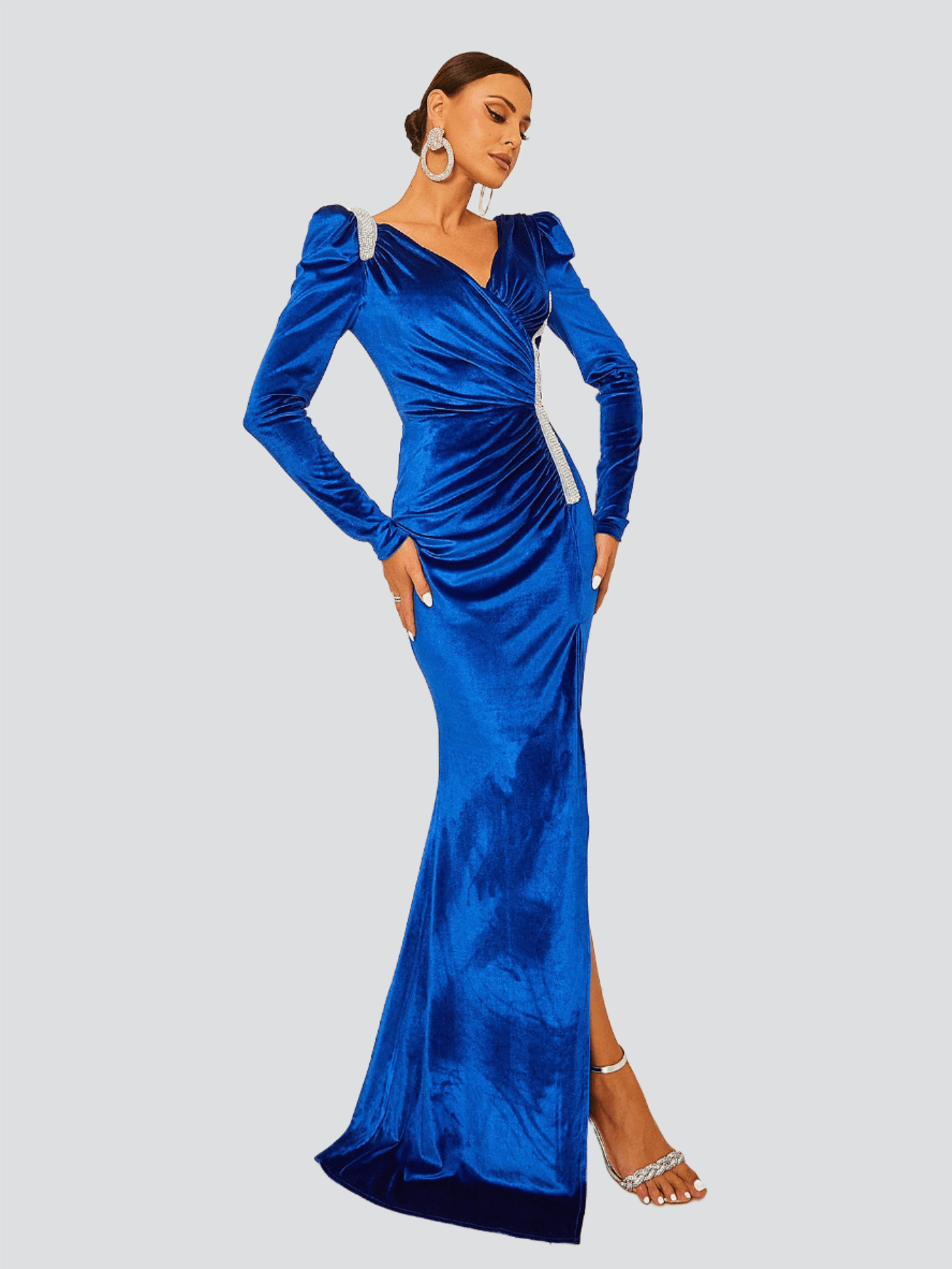 Stylish blue dress | V-Neck Ruched Velvet Blue Dress - Ideal for special occasions