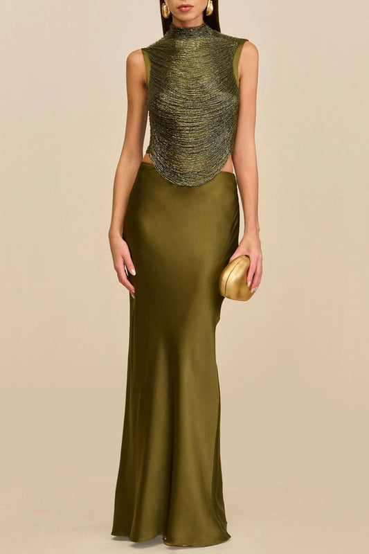 Ellalabel cecilia Sleeveless Turtleneck Tassel Paneled Top and Satin Skirt Set in green - Crafted from Glossy Silk Satin - Designed for Elegant Occasions.