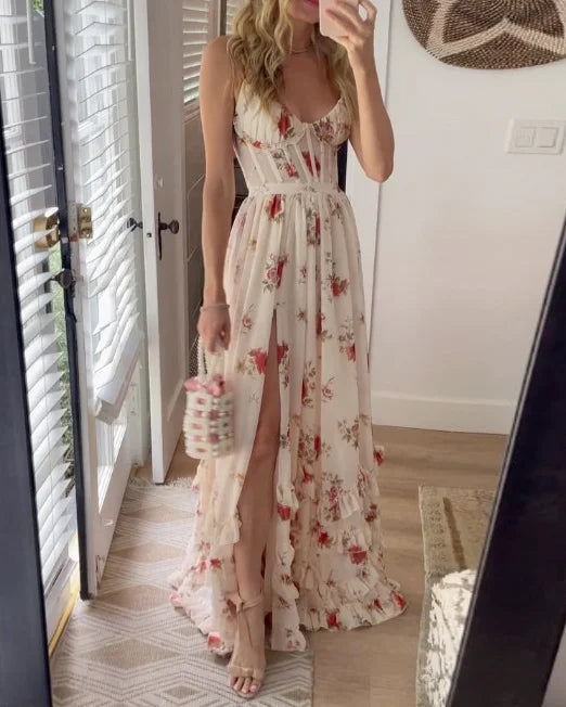 sabina floral printed high slit Strapless maxi dress