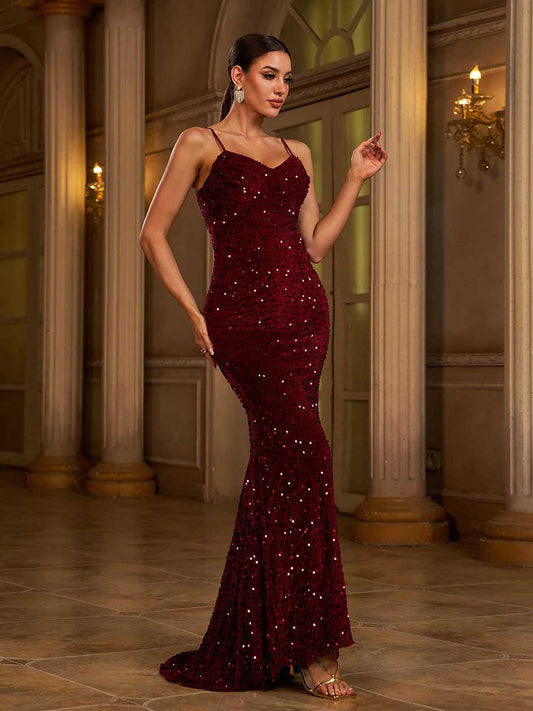 Ellalabel Spaghetti Backless Sequin Dress in Wine - Crafted from Shimmering Hand-stitched Sequins - Designed for Elegant Occasions.