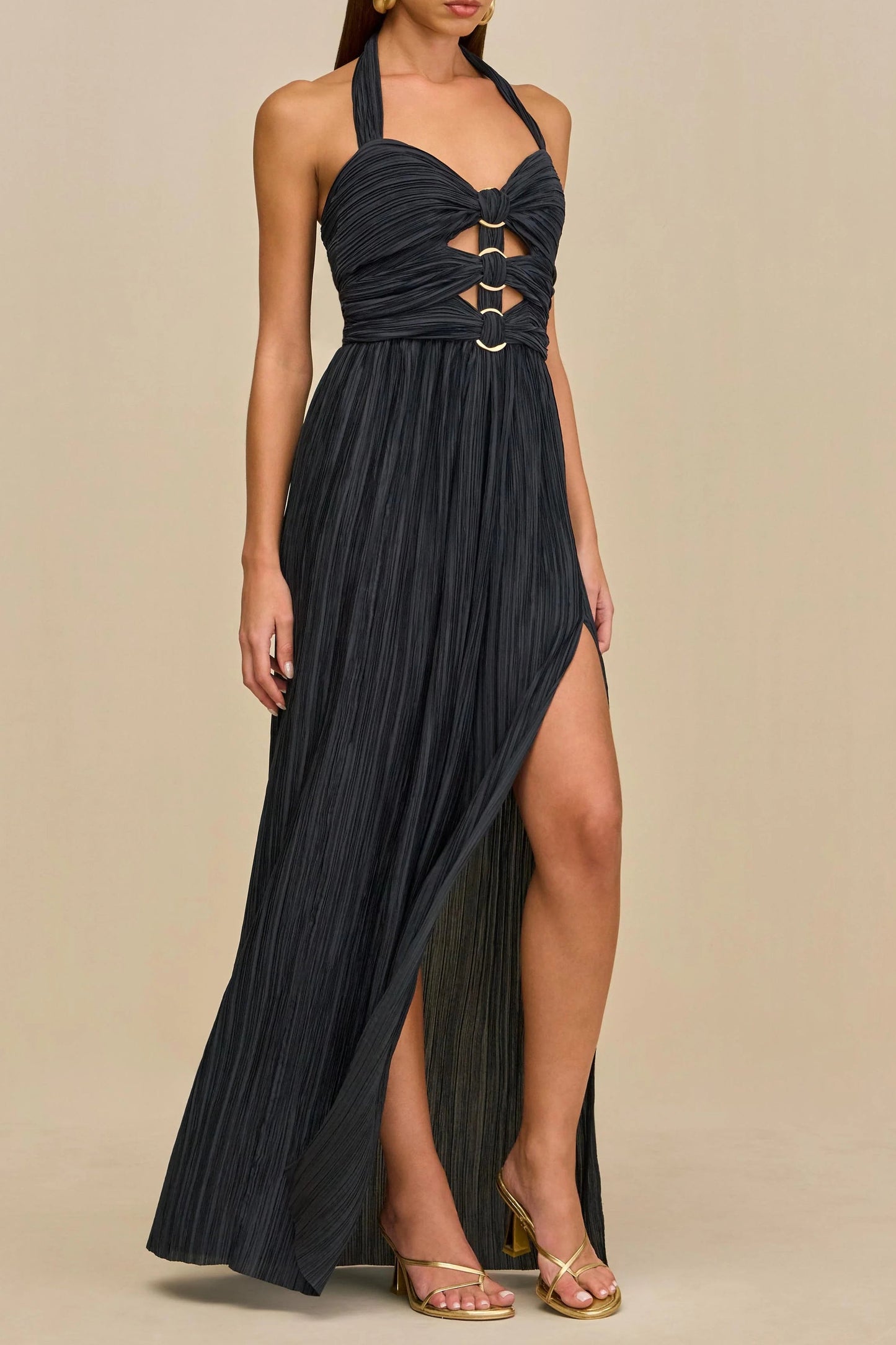 evangeline halter pleated cutout maxi dress in navy blue - Stylish blue dress for special occasions | Buy Online
