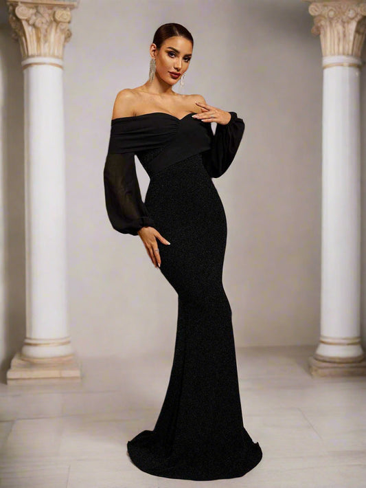 Ellalabel Strapless Mermaid Off Shoulder Maxi Dress in Black - Crafted from High-quality Fabrication- Ideal for Wedding Guest and Formal Galas.