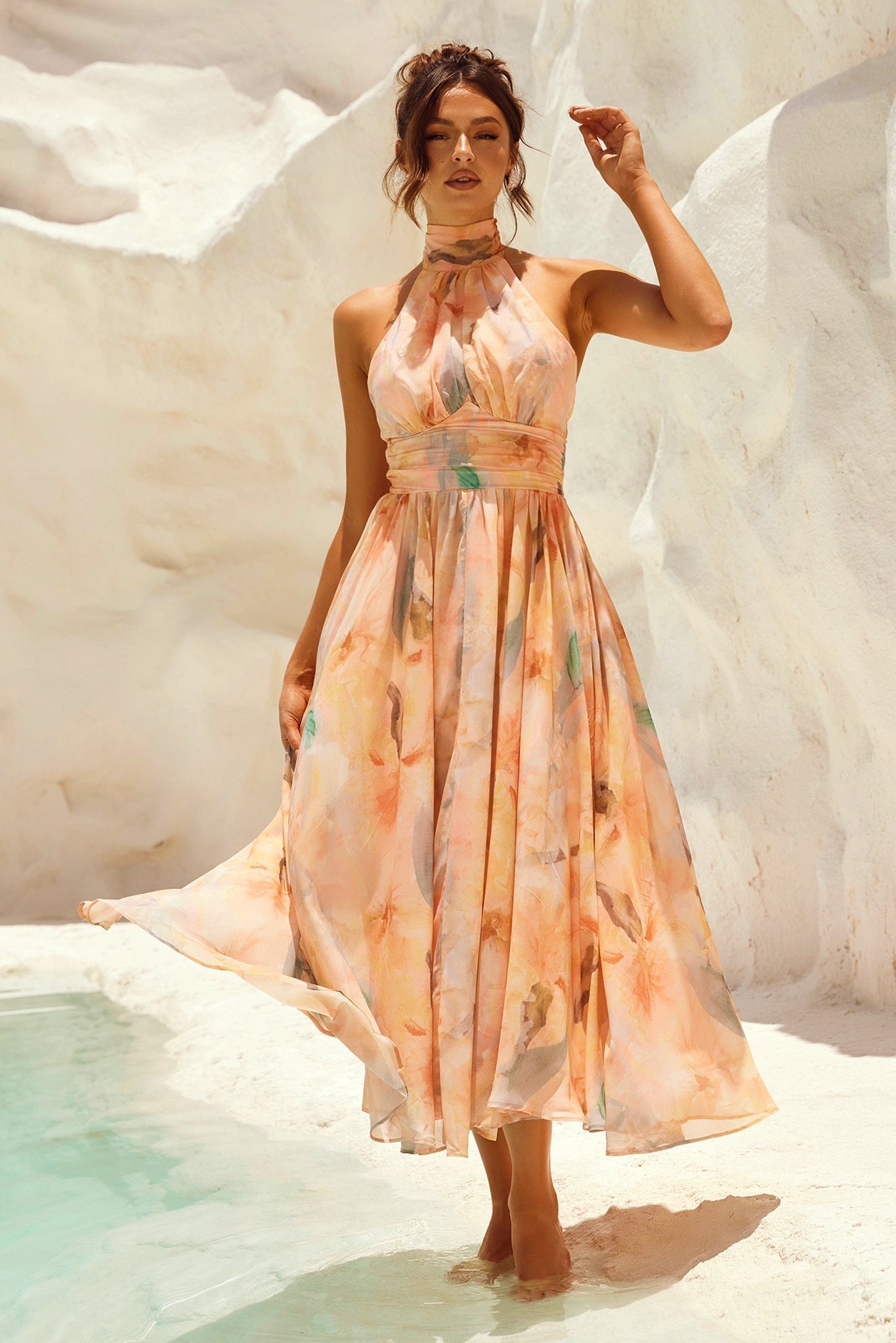 pamela Sleeveless printed backless mini dress in apricot