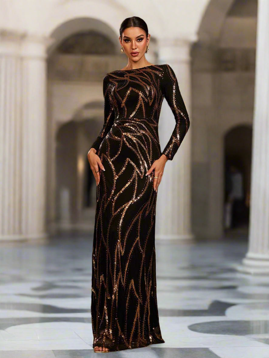 A-Line Long Sleeve Sequin Black Dress