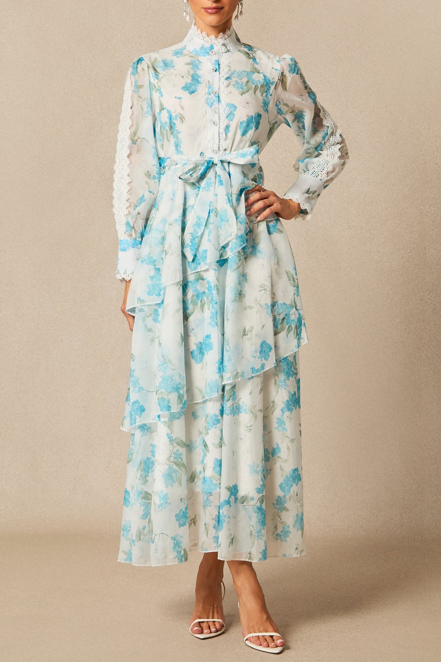 ashley blue Chiffon lace trim stand-collar dress with layered ruffles