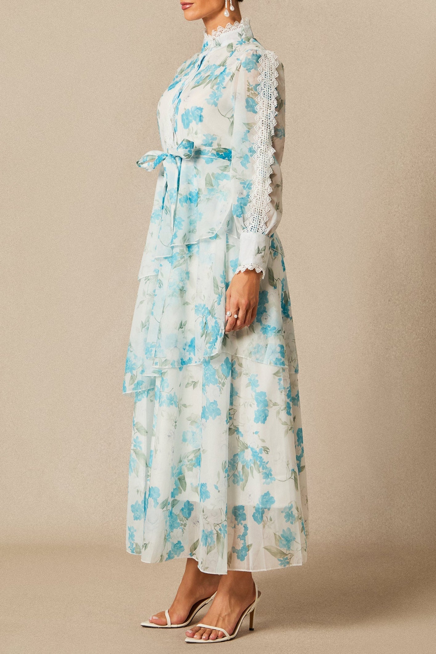 ashley blue Chiffon lace trim stand-collar dress with layered ruffles