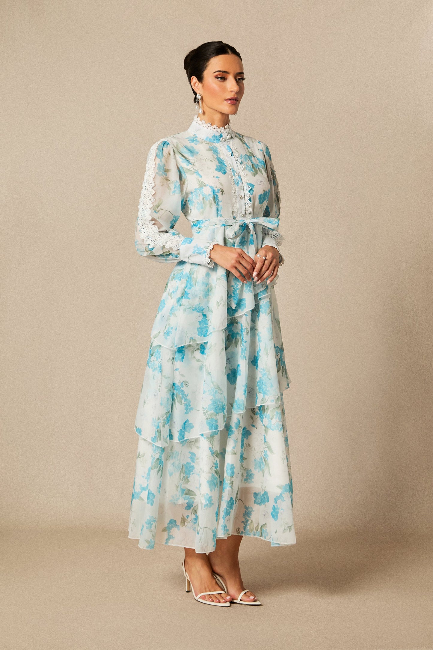 ashley blue Chiffon lace trim stand-collar dress with layered ruffles