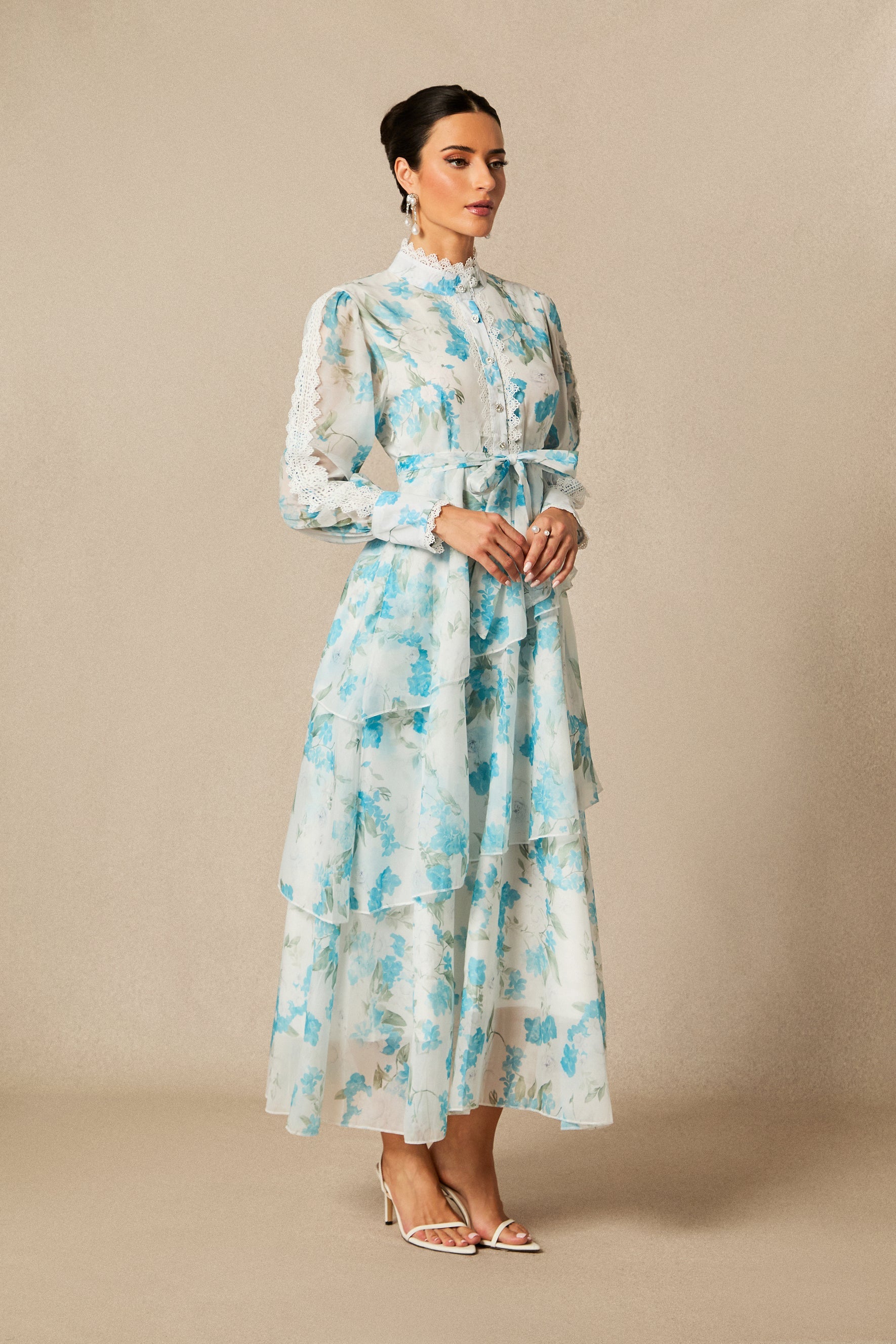 ashley blue Chiffon lace trim stand-collar dress with layered ruffles