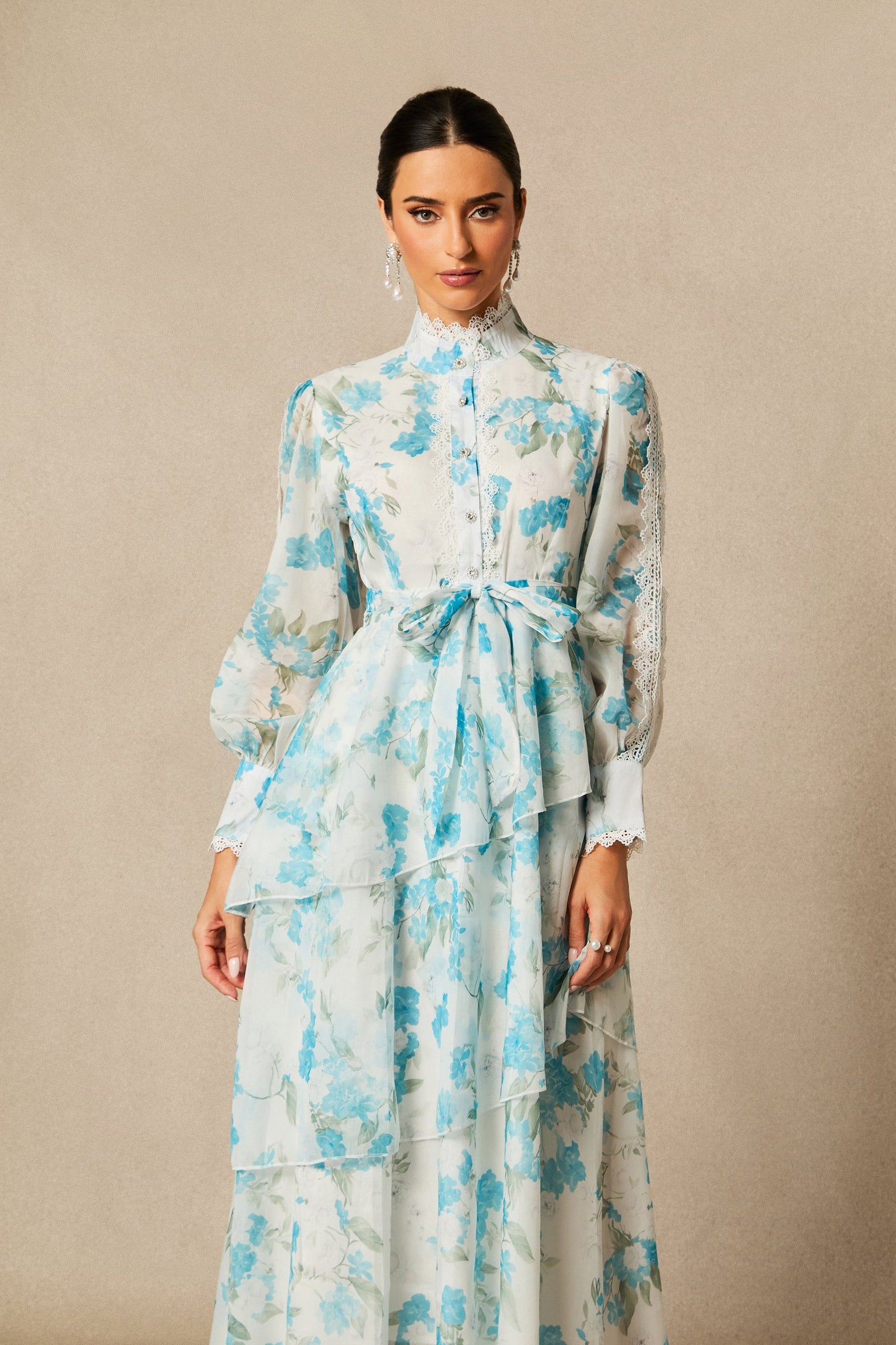 ashley blue Chiffon lace trim stand-collar dress with layered ruffles