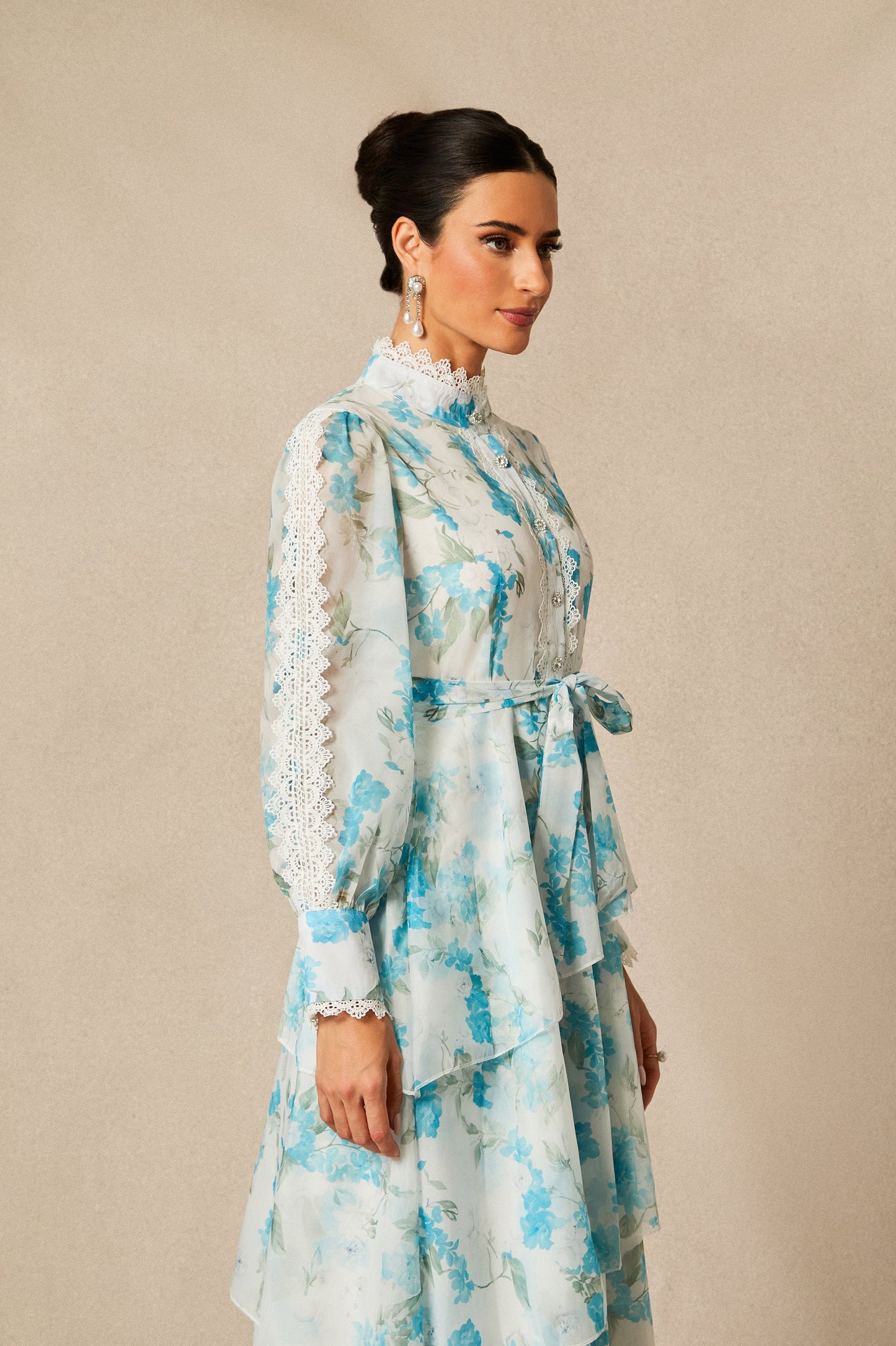 ashley blue Chiffon lace trim stand-collar dress with layered ruffles