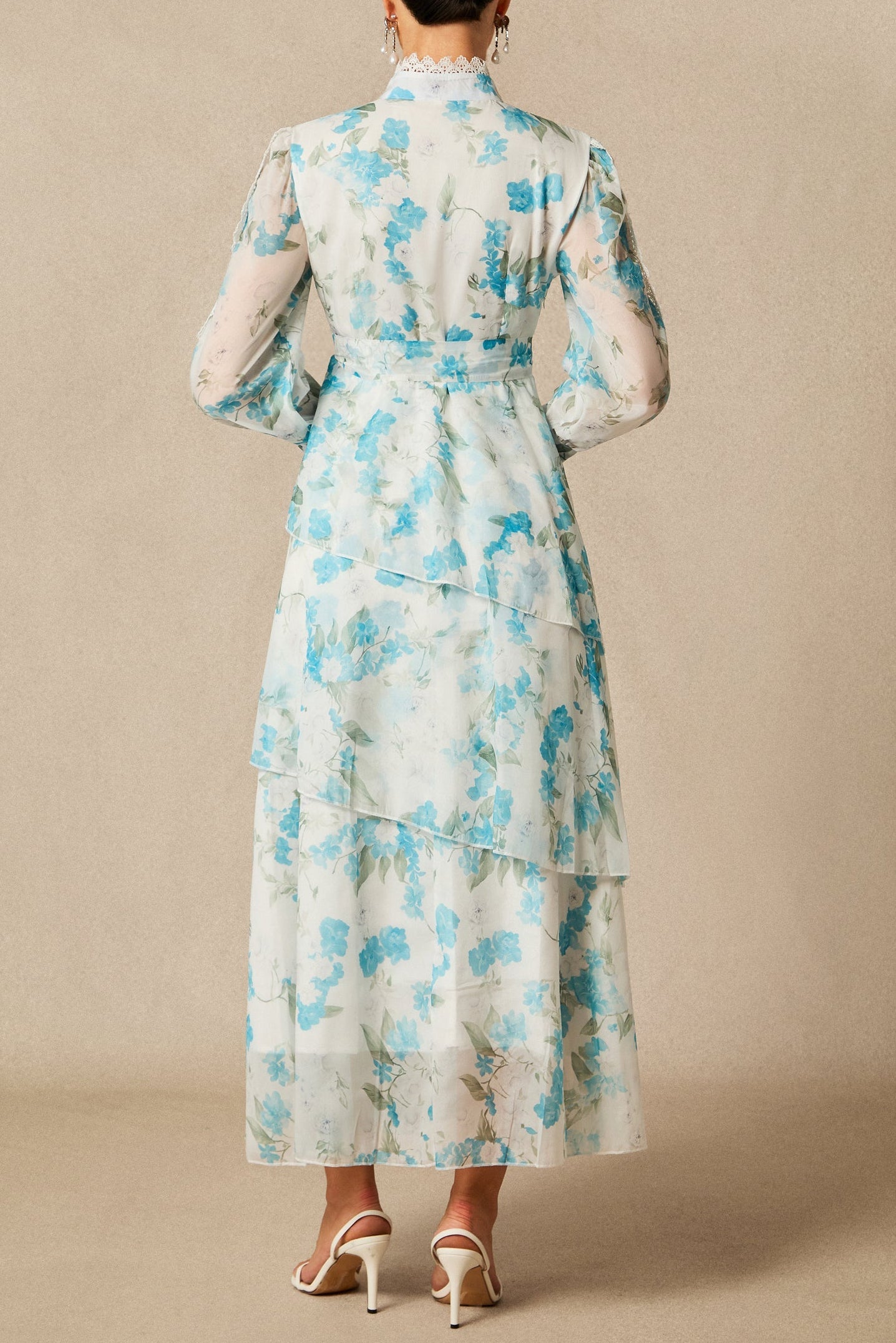 ashley blue Chiffon lace trim stand-collar dress with layered ruffles