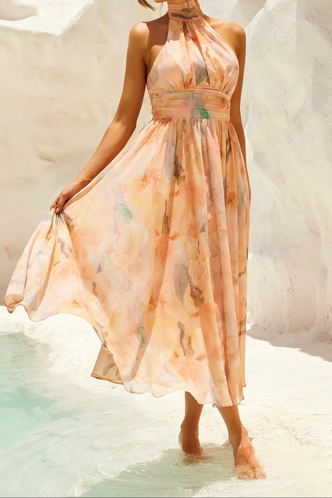 pamela Sleeveless printed backless mini dress in apricot