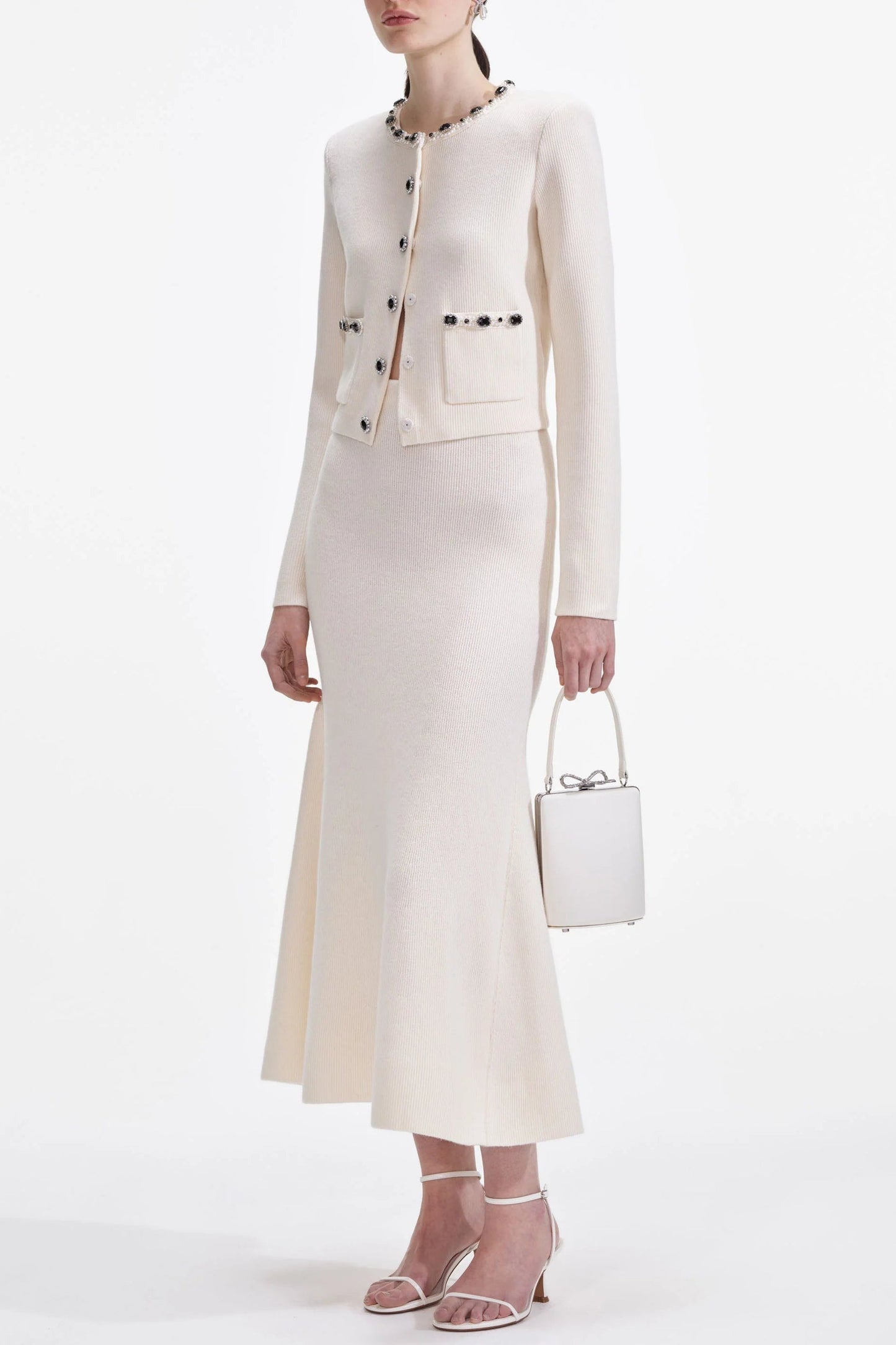 Elisa Cream Embellished Cardigan skirt set