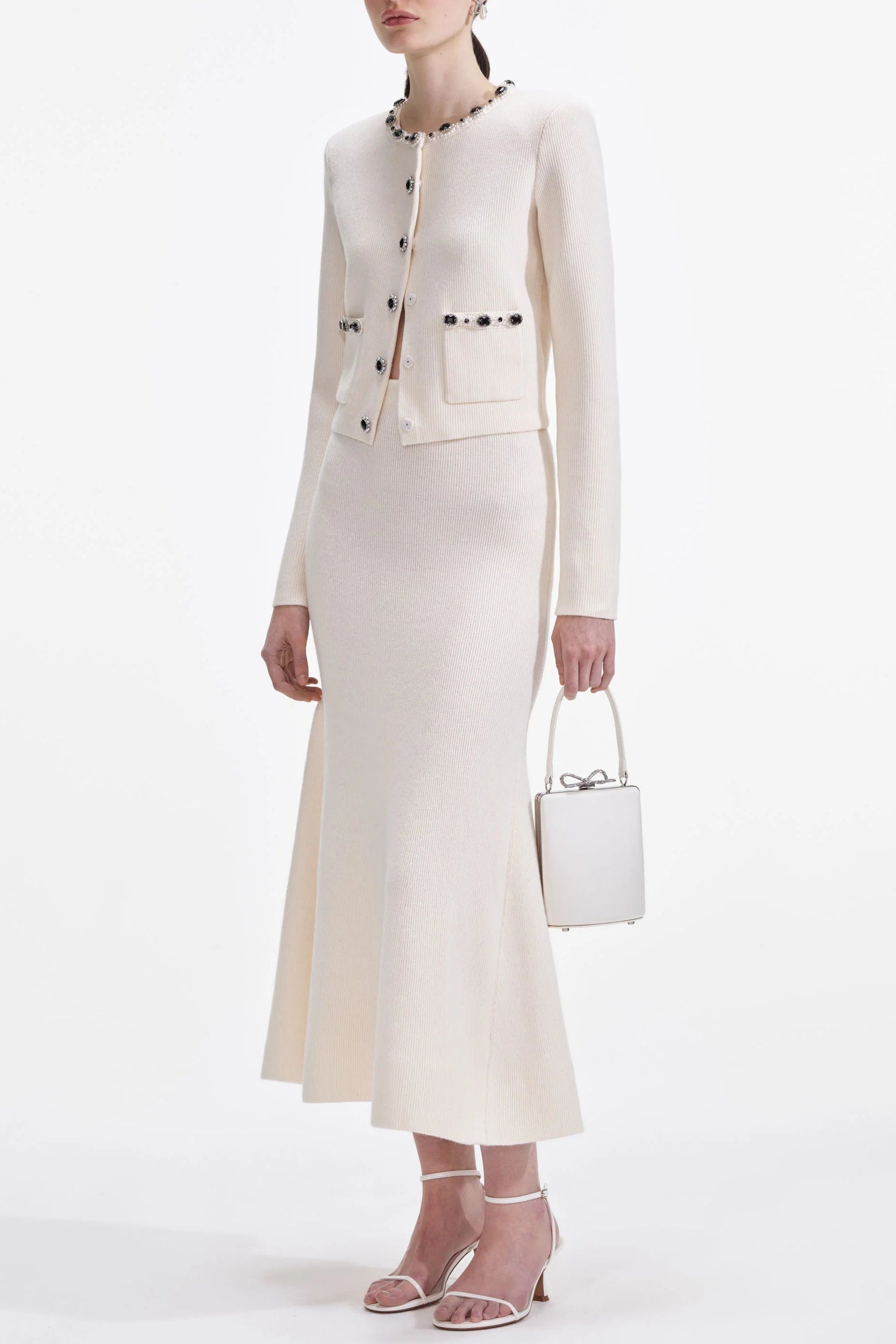 Elisa Cream Embellished Cardigan skirt set