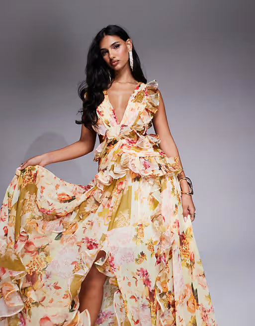 salome floral print backless ruffle hem maxi dress