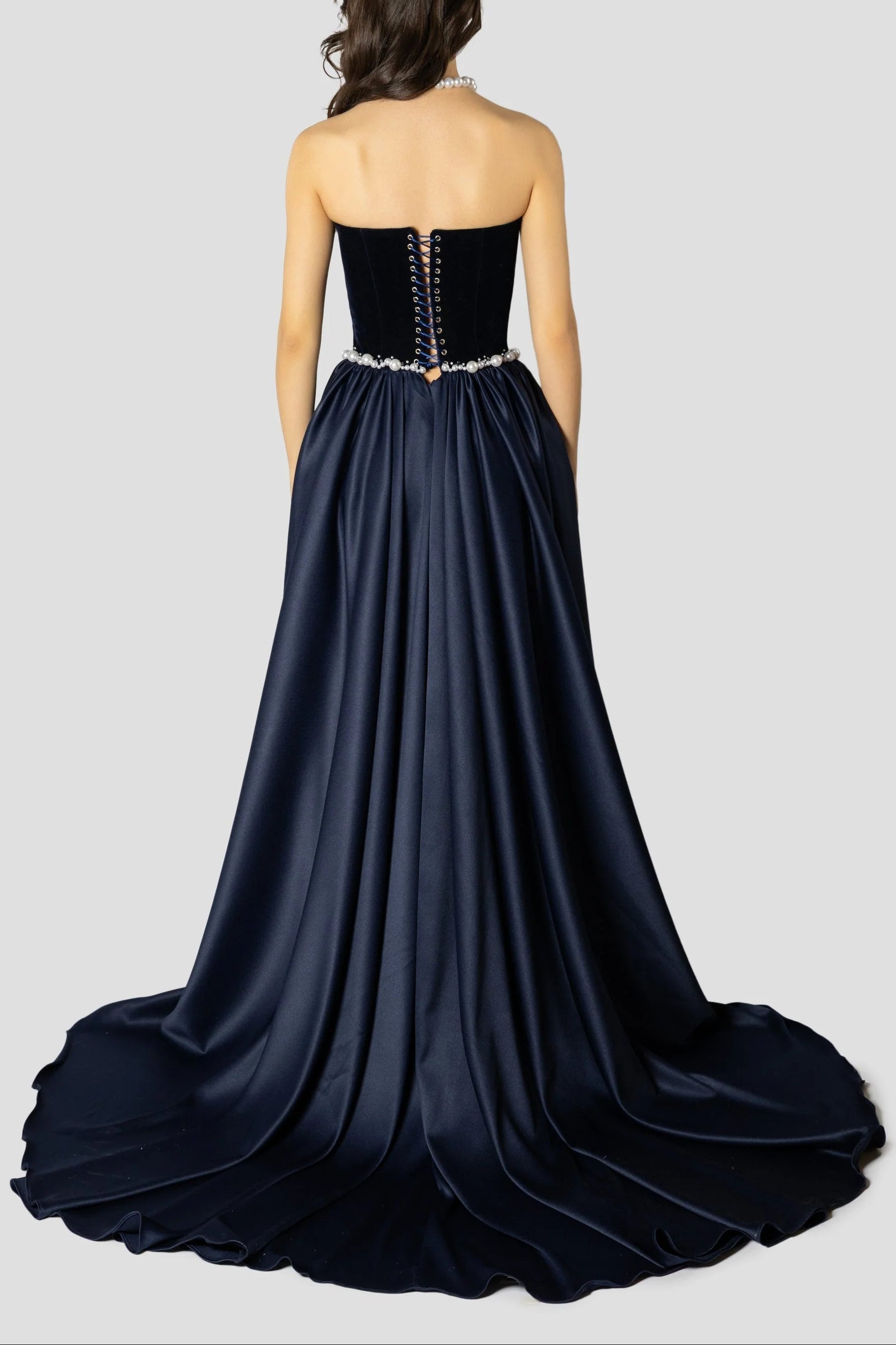 alison Dark Blue Pearls Embroidered strapless maxi Dress