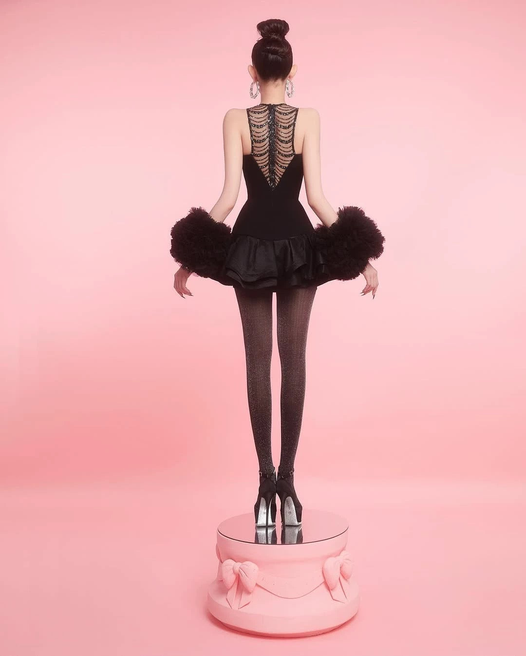 jessica sequin tulle ruched hem mini dress in black