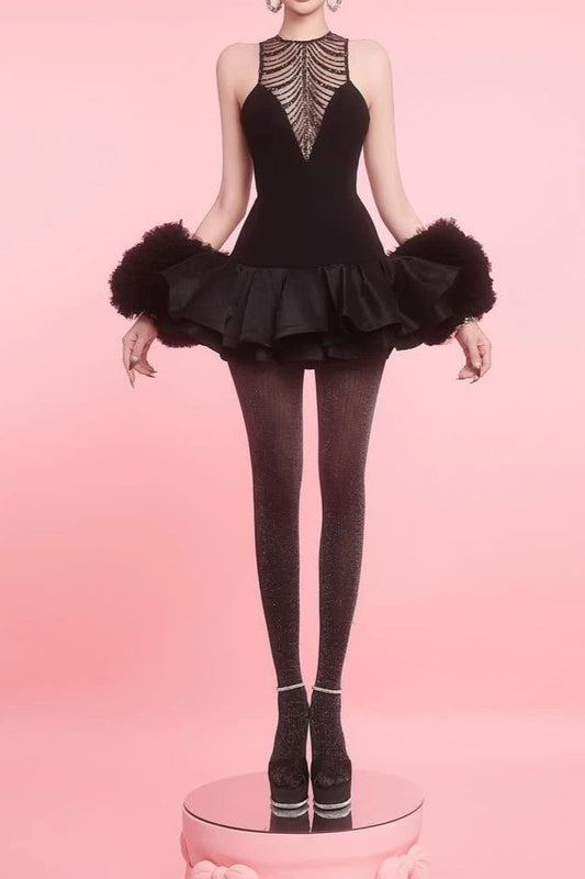 Ellalabel jessica sequin tulle ruched hem mini dress in black - Crafted from Shimmering Hand-stitched Sequins- Best for Cocktail Parties and Night Out.