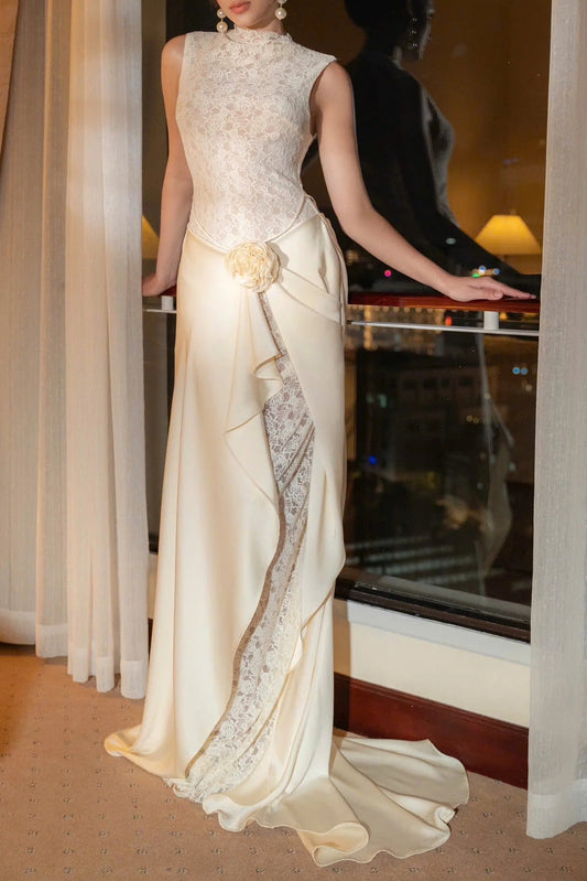 Ellalabel georgia flower embellished sleeveless lace maxi dress  in white - Crafted from Intricate Lace Fabrication- Ideal for Wedding Guest and Formal Galas.