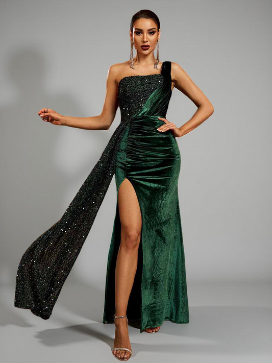 Ellalabel One Shoulder Velvet Split Thigh Prom Dress in Green - Crafted from Luxury Velvet - Designed for Elegant Occasions.