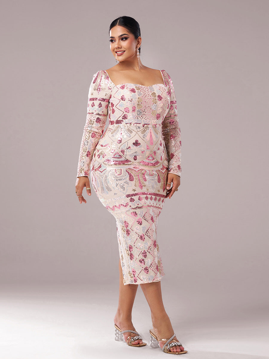 Square Neck Long Sleeve Split Sequin Dress