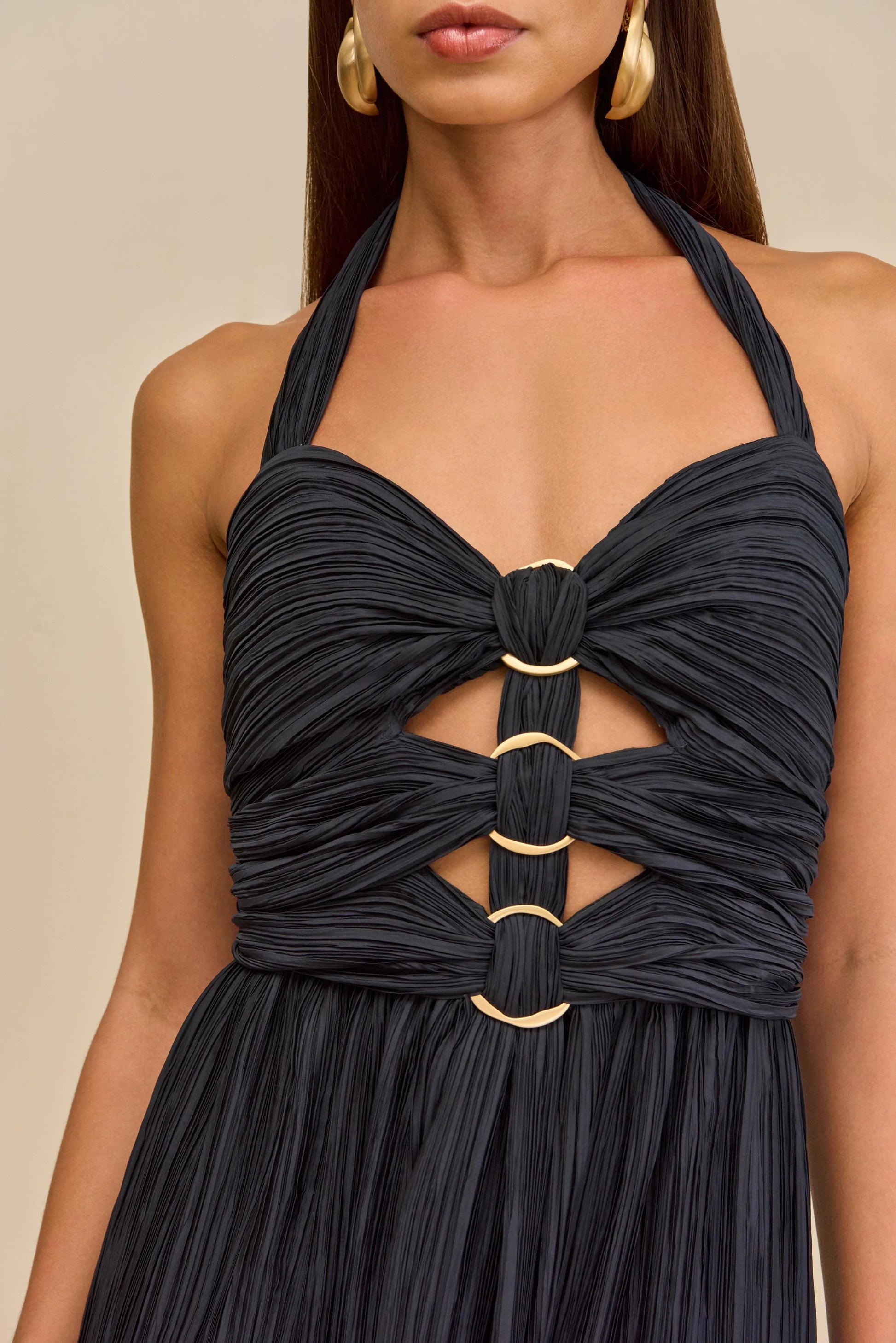 evangeline halter pleated cutout maxi dress in navy blue