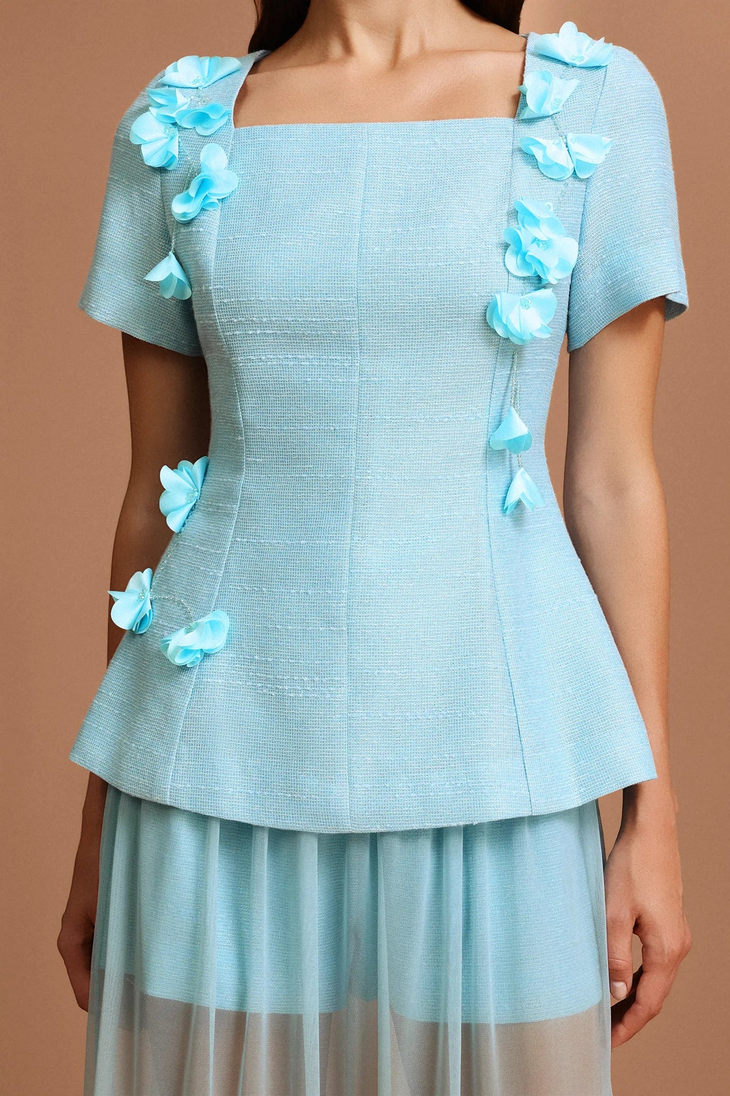 Tiffany blue Short Sleeves Flowers Folds Top And Skirt Two-Piece Set