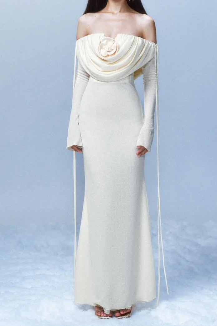 roberta off-shoulder flower embellished pleated maxi dress in white