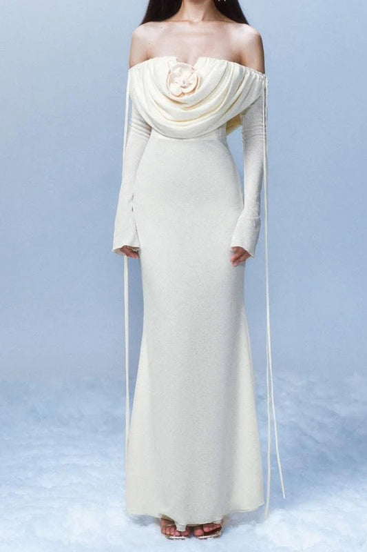 Ellalabel roberta off-shoulder flower embellished pleated maxi dress in white - Crafted from High-quality Fabrication- Ideal for Wedding Guest and Formal Galas.