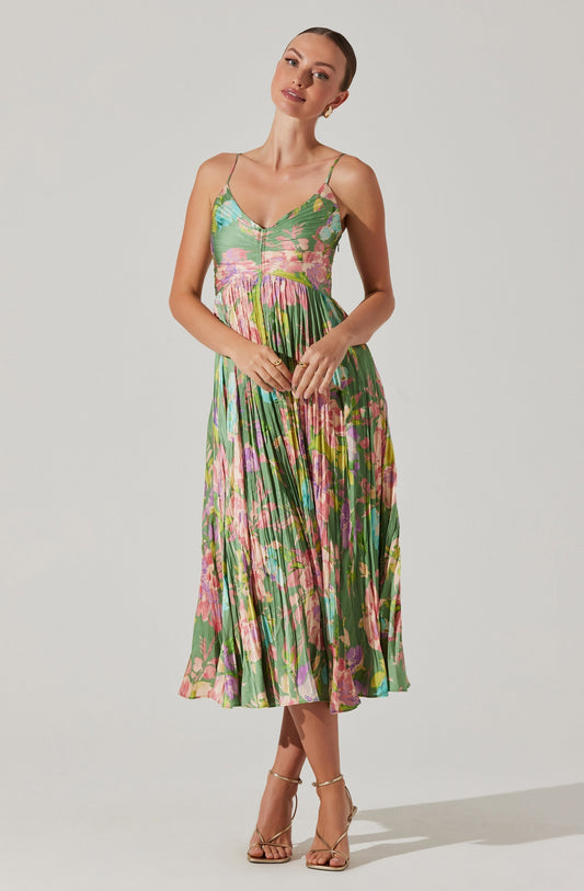 Ellalabel Maeve Printed Pleated Midi Dress in Green pink floral - Crafted from High-quality Fabrication- Perfect for Garden Parties and Resort Wear.