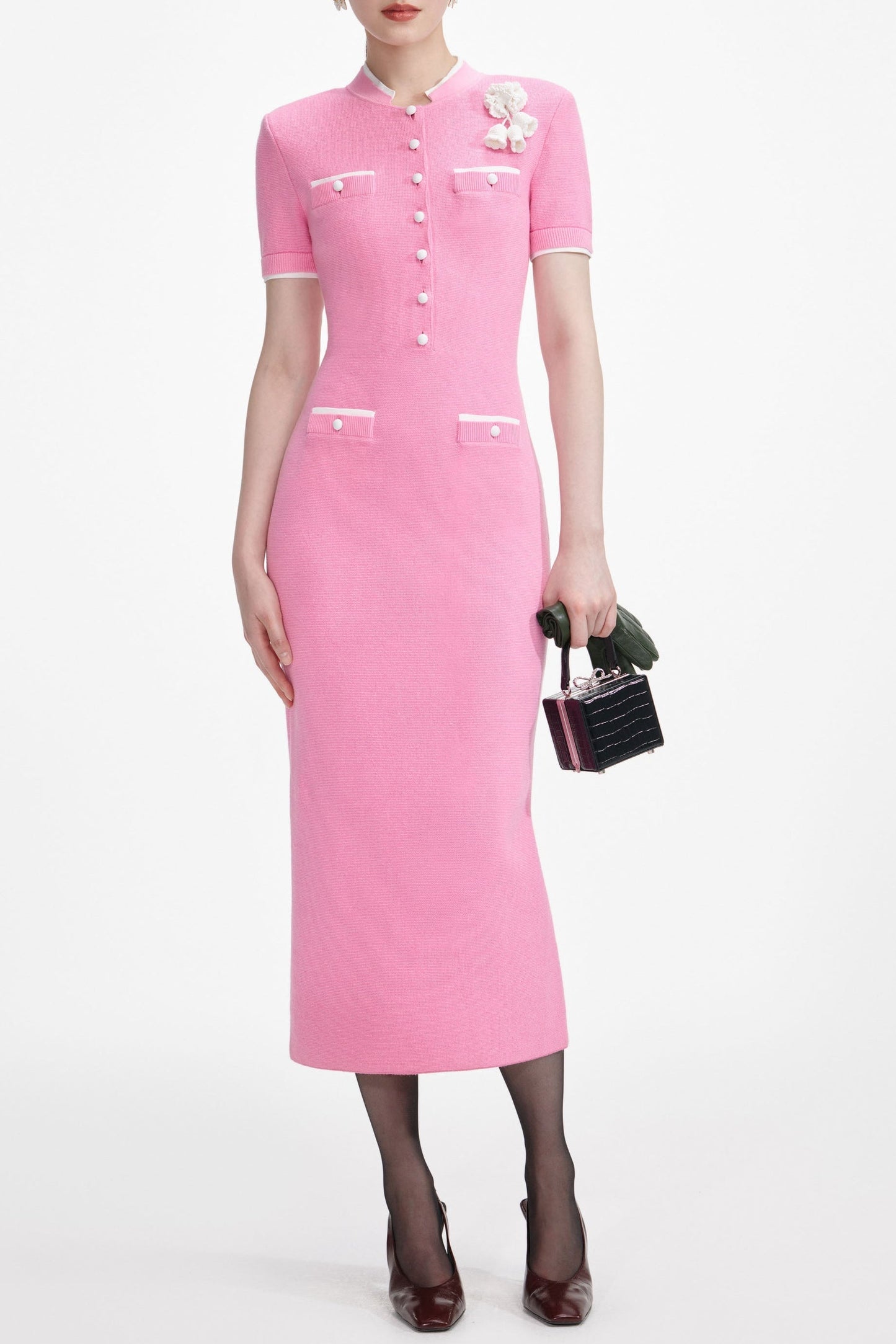 Rachel Pink Crochet Flower Knit Midi Dress - Stylish pink dress for special occasions | Buy Online