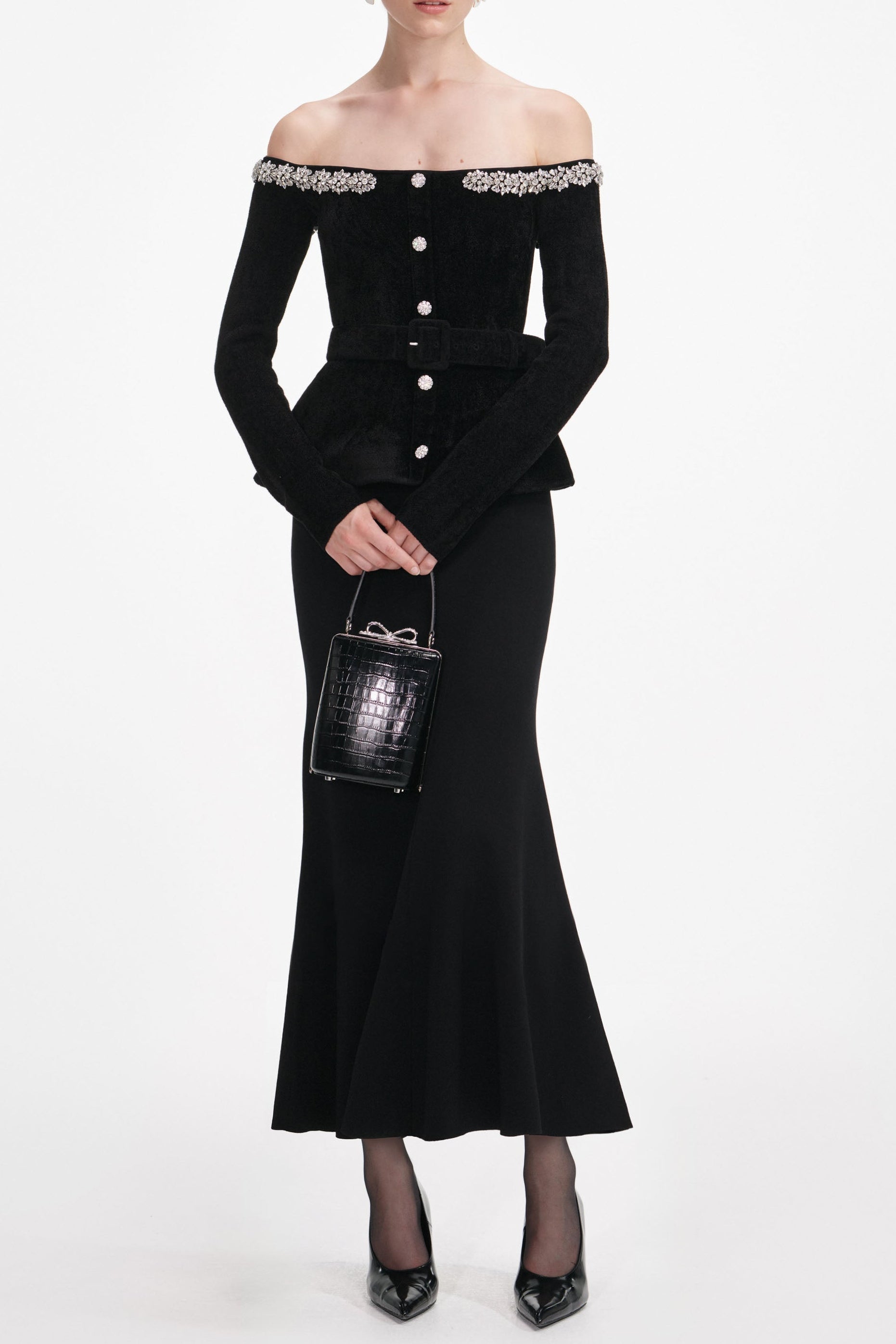 Quinn Black Chenille Knit Crystal Trim Midi Dress