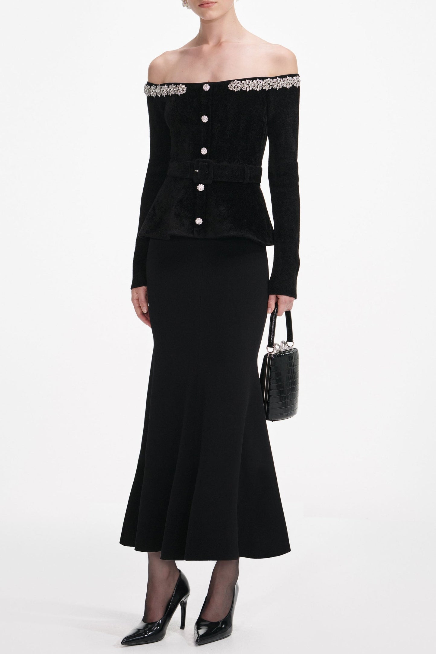 Stylish black dress | Quinn Black Chenille Knit Crystal Trim Midi Dress - Ideal for special occasions