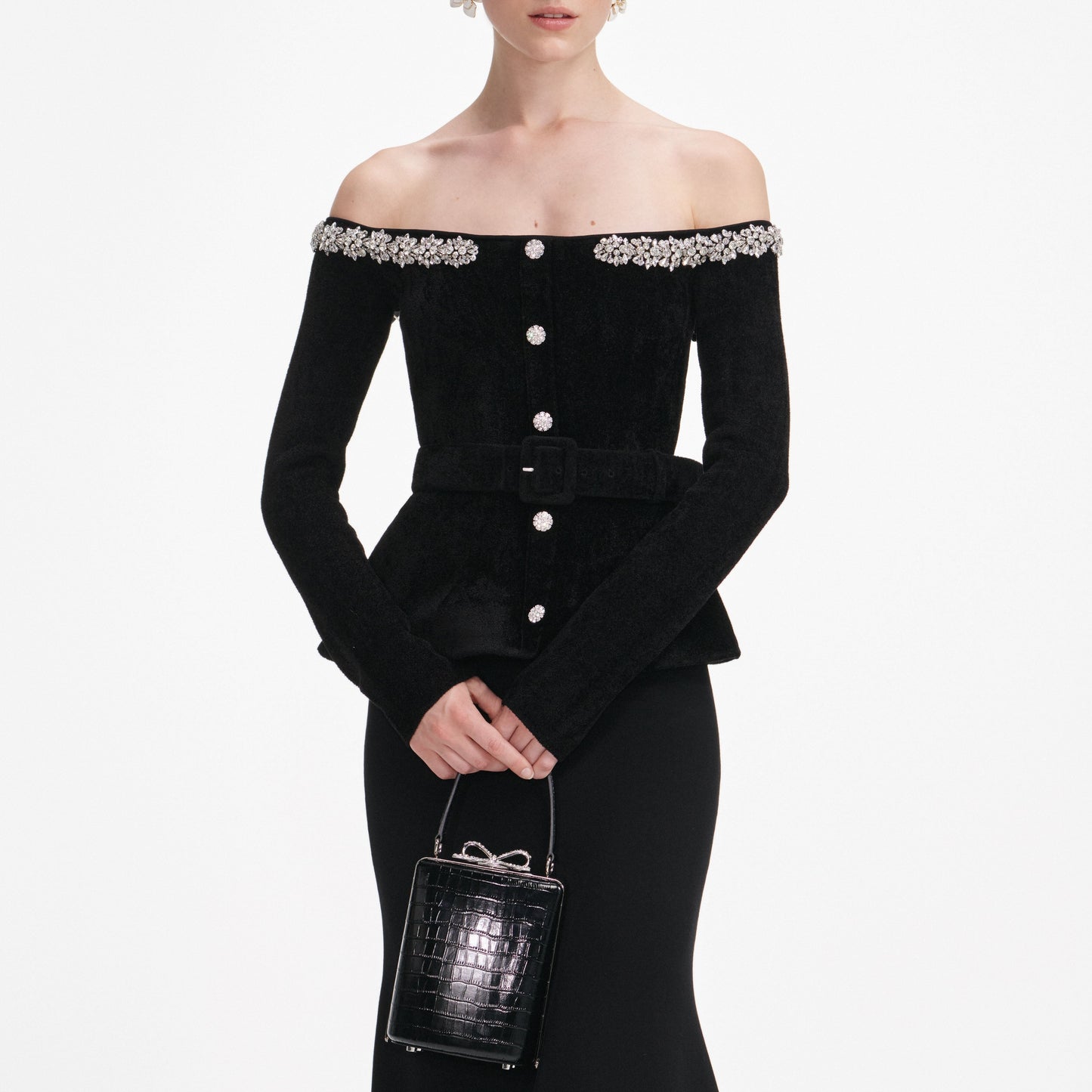 Quinn Black Chenille Knit Crystal Trim Midi Dress - Stylish black dress for special occasions | Buy Online