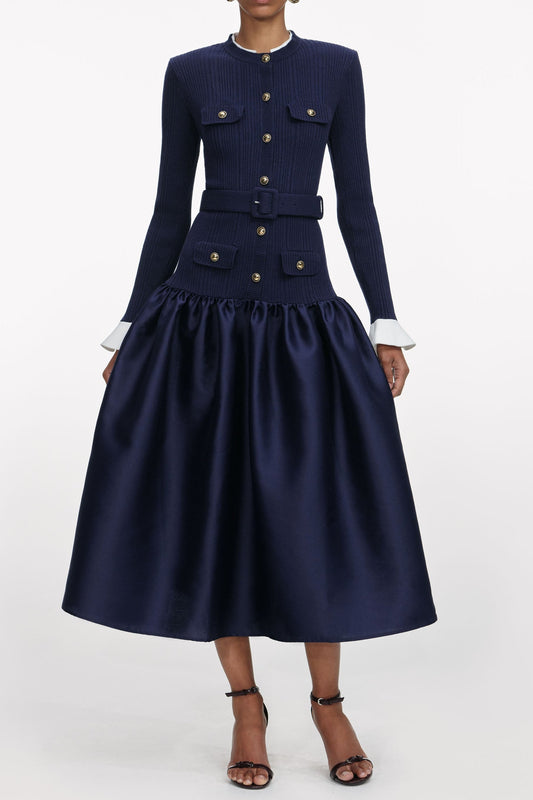 Ellalabel Natalie Navy Knit Taffeta Midi Dress - Crafted from Soft-touch Fine Knit- Perfect for Garden Parties and Resort Wear.