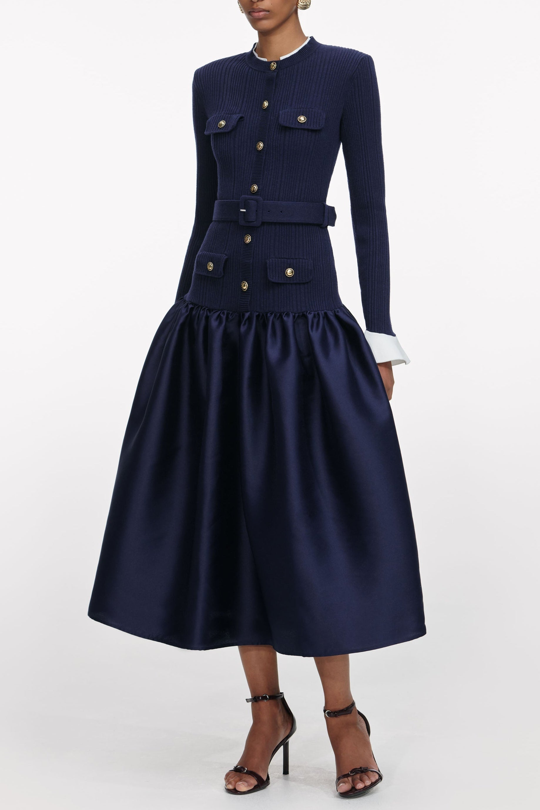 Natalie Navy Knit Taffeta Midi Dress