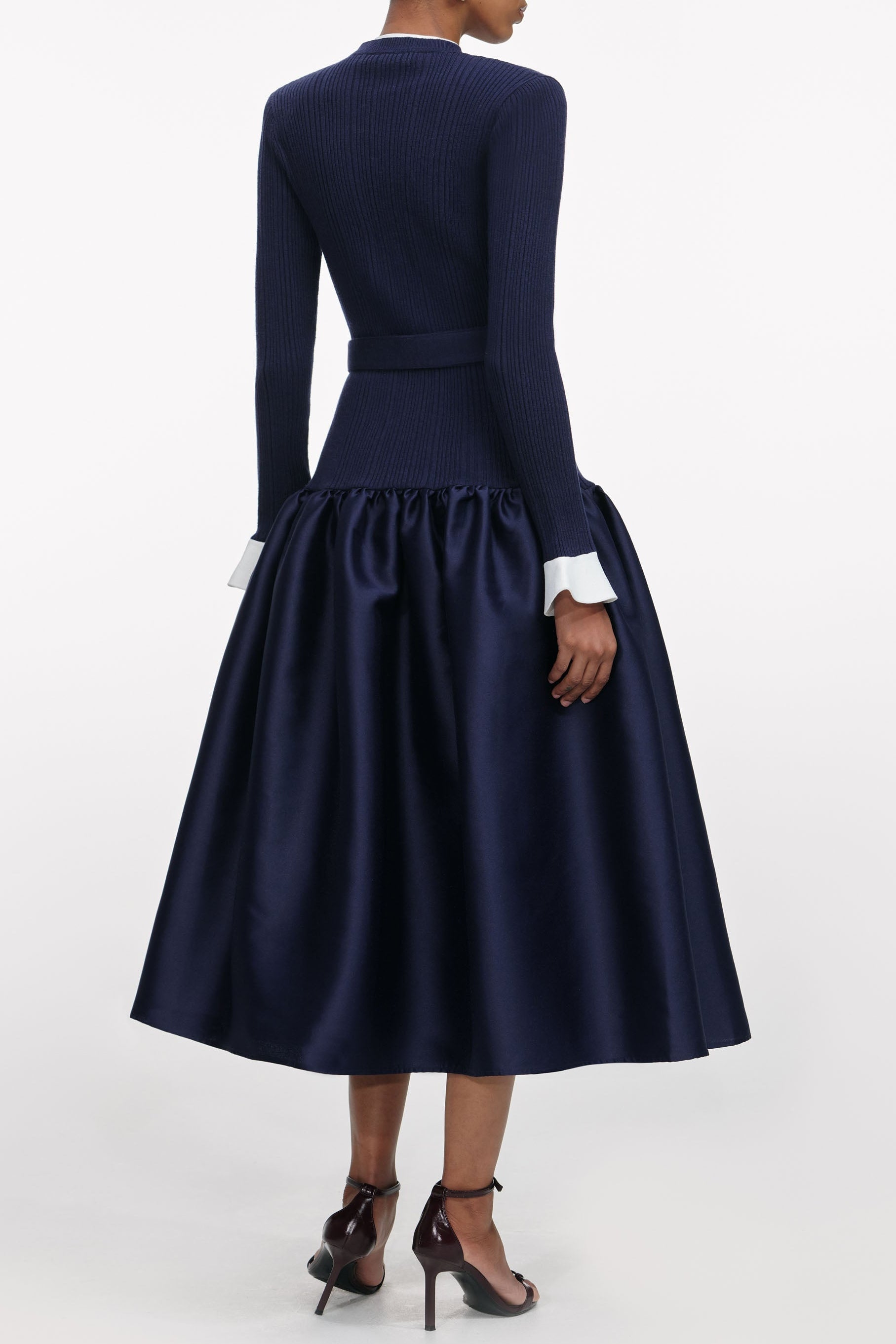Natalie Navy Knit Taffeta Midi Dress