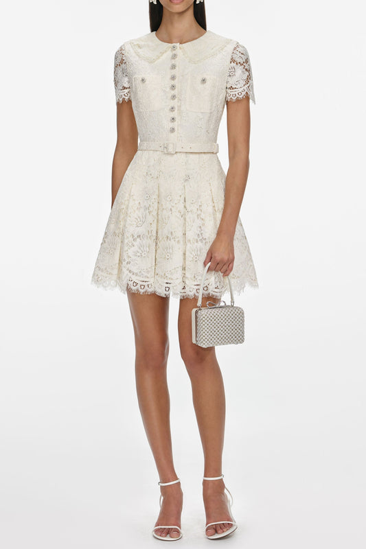 Ellalabel quintina Cream Floral Lace Mini Dress - Crafted from Intricate Lace Fabrication- Best for Cocktail Parties and Night Out.