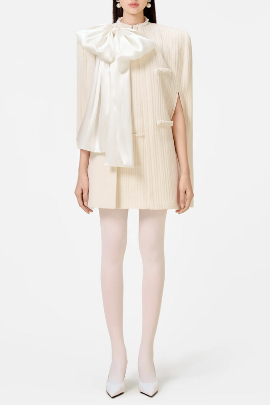 Ellalabel Abene Bow Beaded Embellished Knit Cape - White - Crafted from Soft-touch Fine Knit - Designed for Elegant Occasions.