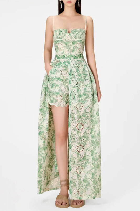 Ellalabel dolores Floral Embroidered Shorts & Maxi Dress Set - Green - Crafted from High-quality Fabrication- Best for Cocktail Parties and Night Out.