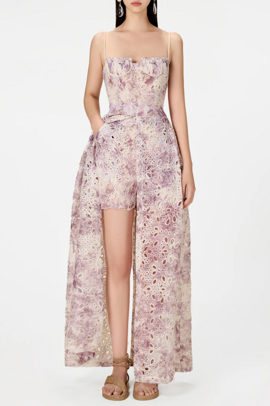 Ellalabel dolores Floral Embroidered Shorts & Maxi Dress Set - Purple - Crafted from High-quality Fabrication- Best for Cocktail Parties and Night Out.