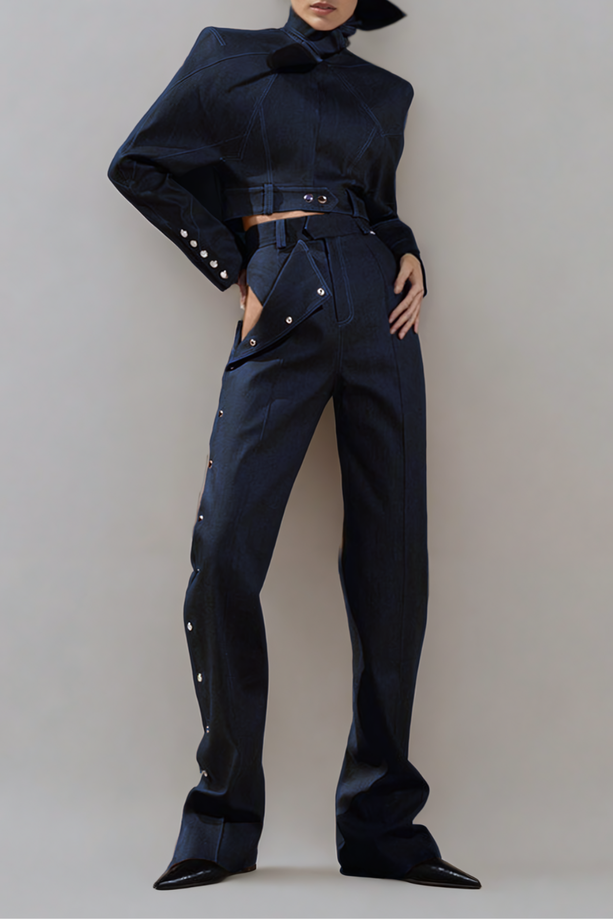 Adia Lace Up Buckle Denim Pants Set In Blue - Stylish blue dress for special occasions | Buy Online