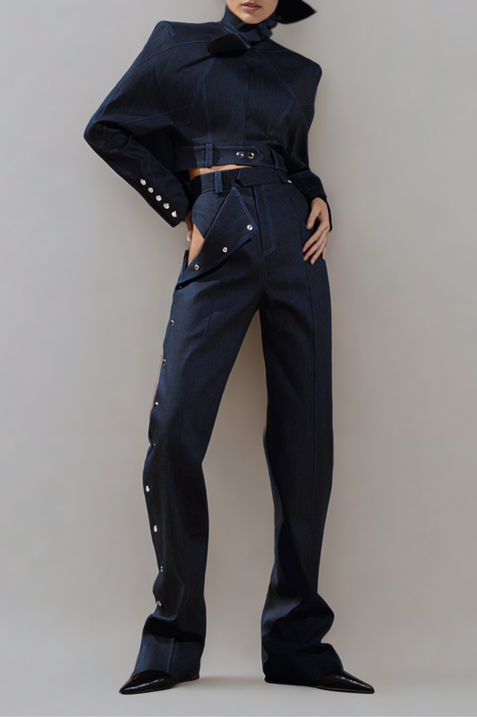 Ellalabel Adia Lace Up Buckle Denim Pants Set In Blue - Crafted from Intricate Lace Fabrication - Designed for Elegant Occasions.