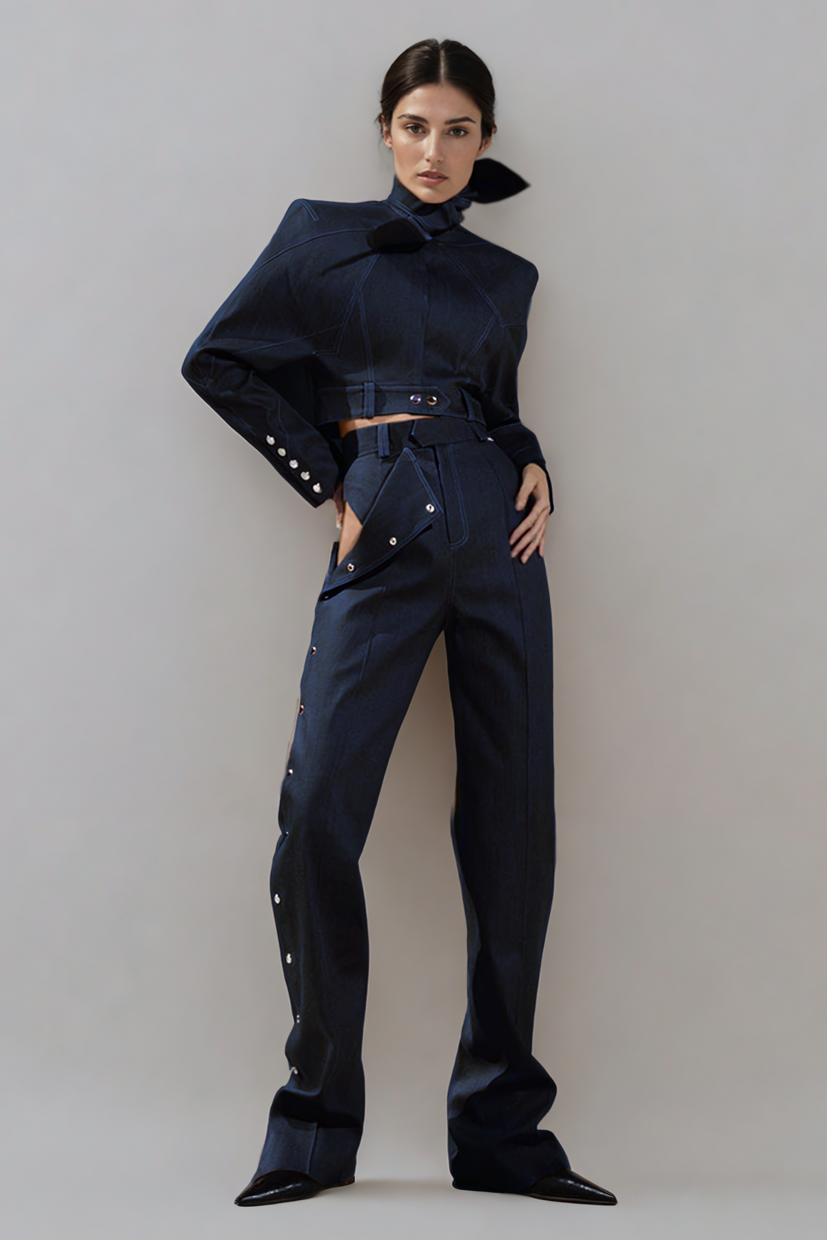 Adia Lace Up Buckle Denim Pants Set In Blue - Stylish blue dress for special occasions | Buy Online