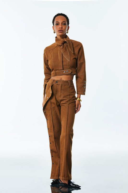 Ellalabel Adia Lace Up Buckle Denim Pants Set - Crafted from Intricate Lace Fabrication - Designed for Elegant Occasions.