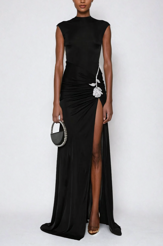 Ellalabel Adobe Rhinestone Flower Split Maxi Dress - Crafted from High-quality Fabrication- Ideal for Wedding Guest and Formal Galas.