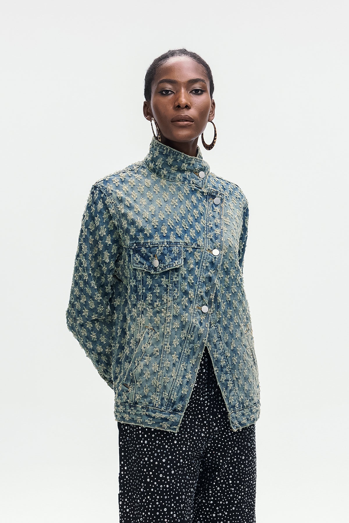 kristin Deconstruct Asymmetric Torn Denim Jacket