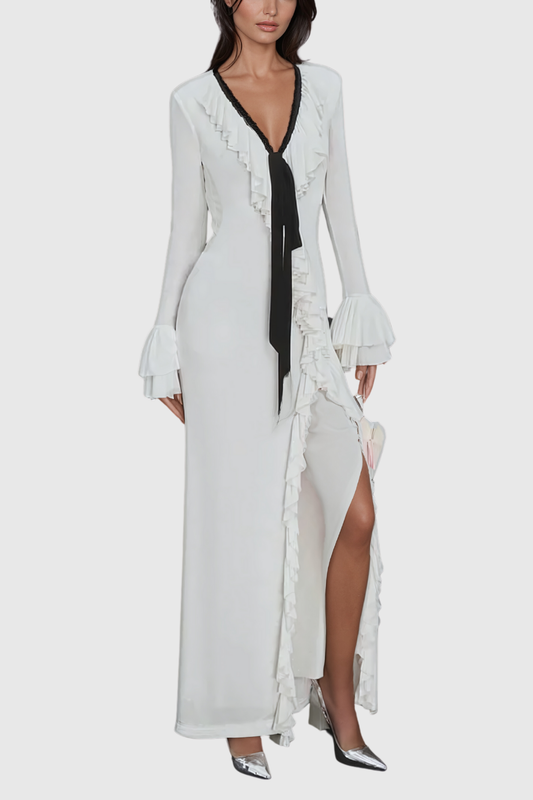 Ellalabel Aesara Ruffle Lace Up Maxi Dress - Crafted from Intricate Lace Fabrication- Ideal for Wedding Guest and Formal Galas.