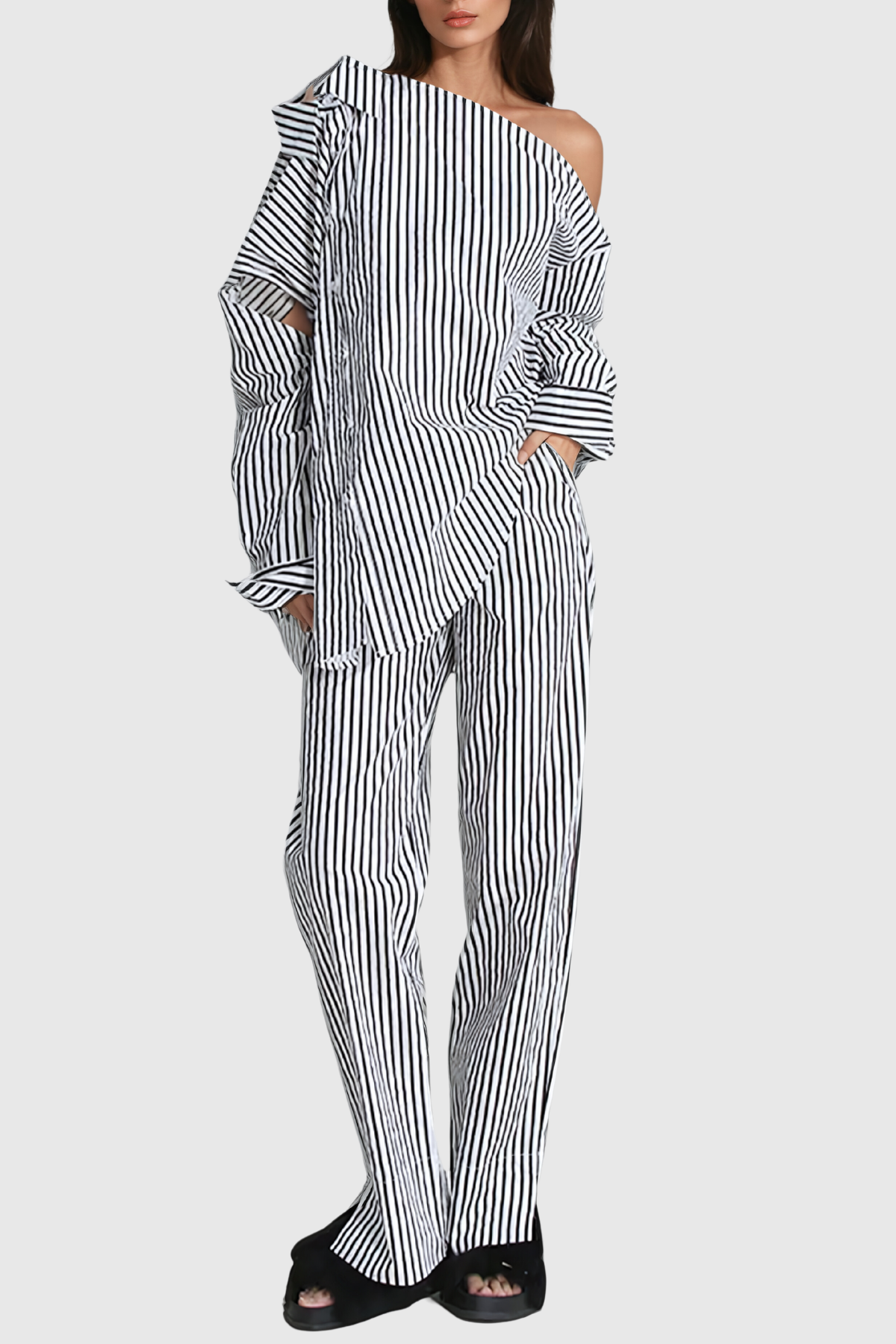 Agostino One Shouder Cutout Stripe Pants Set